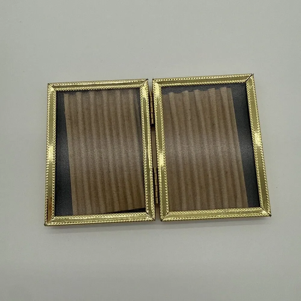 Vintage Gold Tone Folding Double Picture Frame Miniature 3x2 MCM